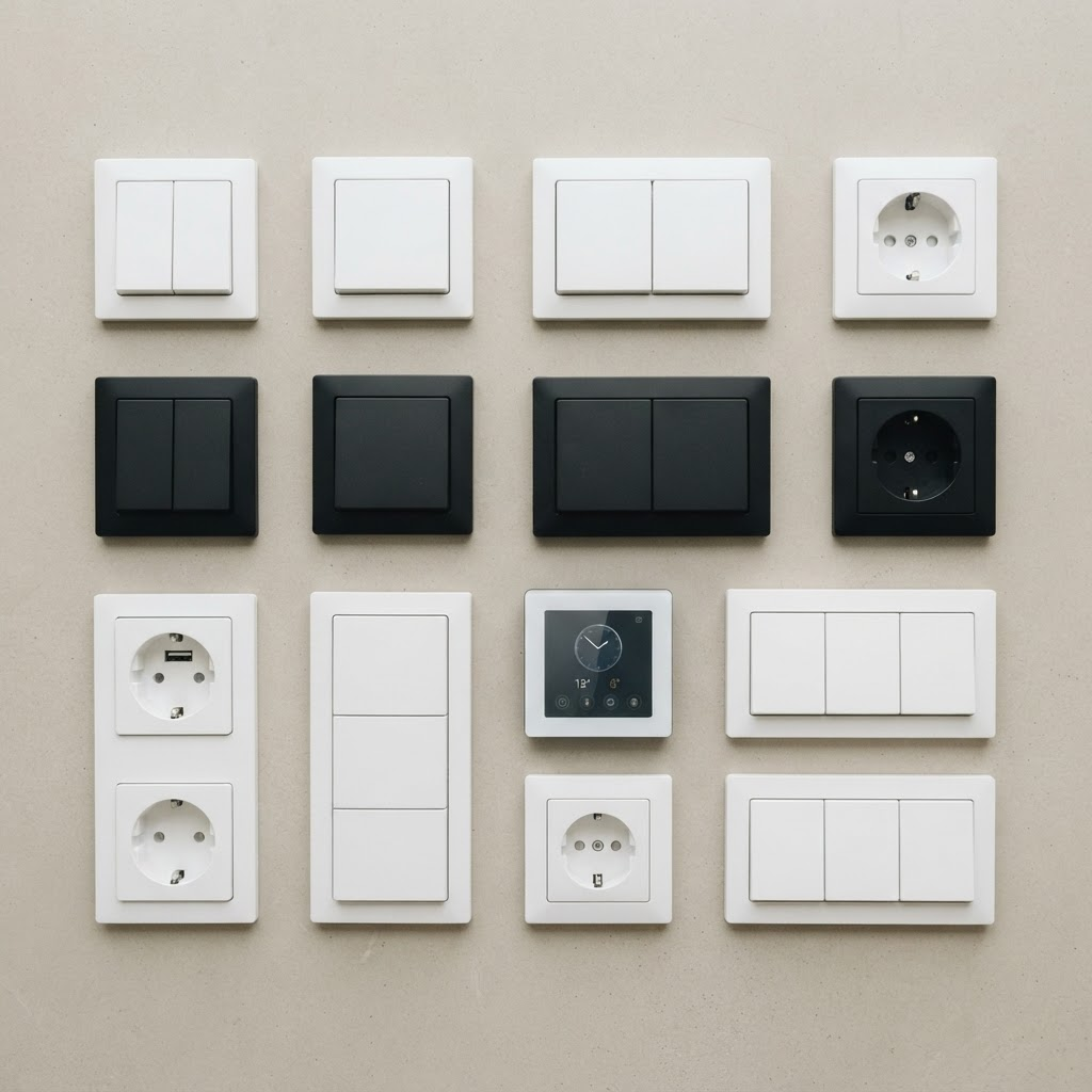 Assortment of white and black electrical switches, sockets and a smart switch panel