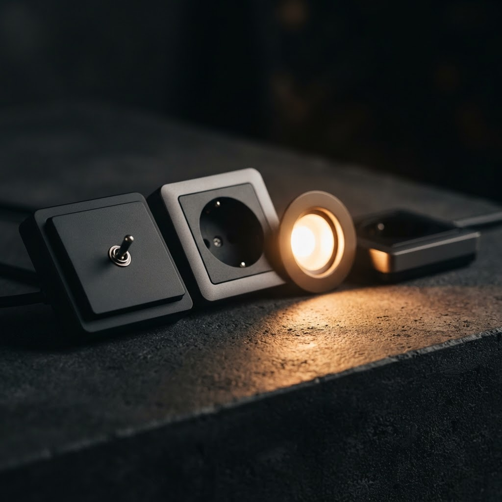 Close-up of electrical switches, sockets and glowing LED downlights