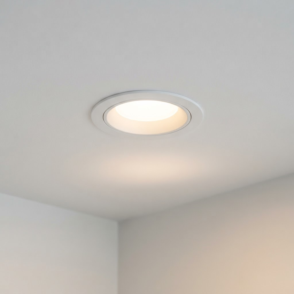 Modern round LED downlight recessed in a ceiling, glowing warm white light